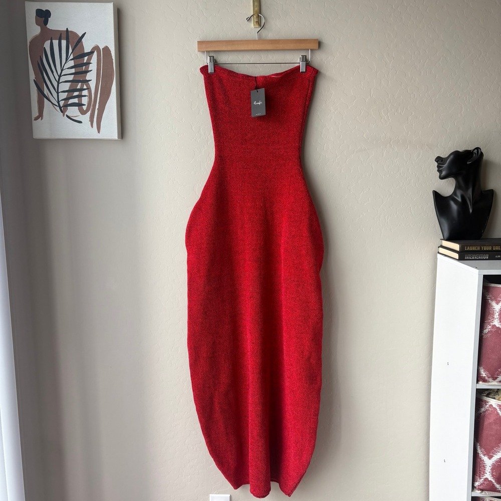 NEW Hanifa Cori Red Knit Strapless Structural Cocoon Maxi Dress Size Medium - Picture 2 of 8